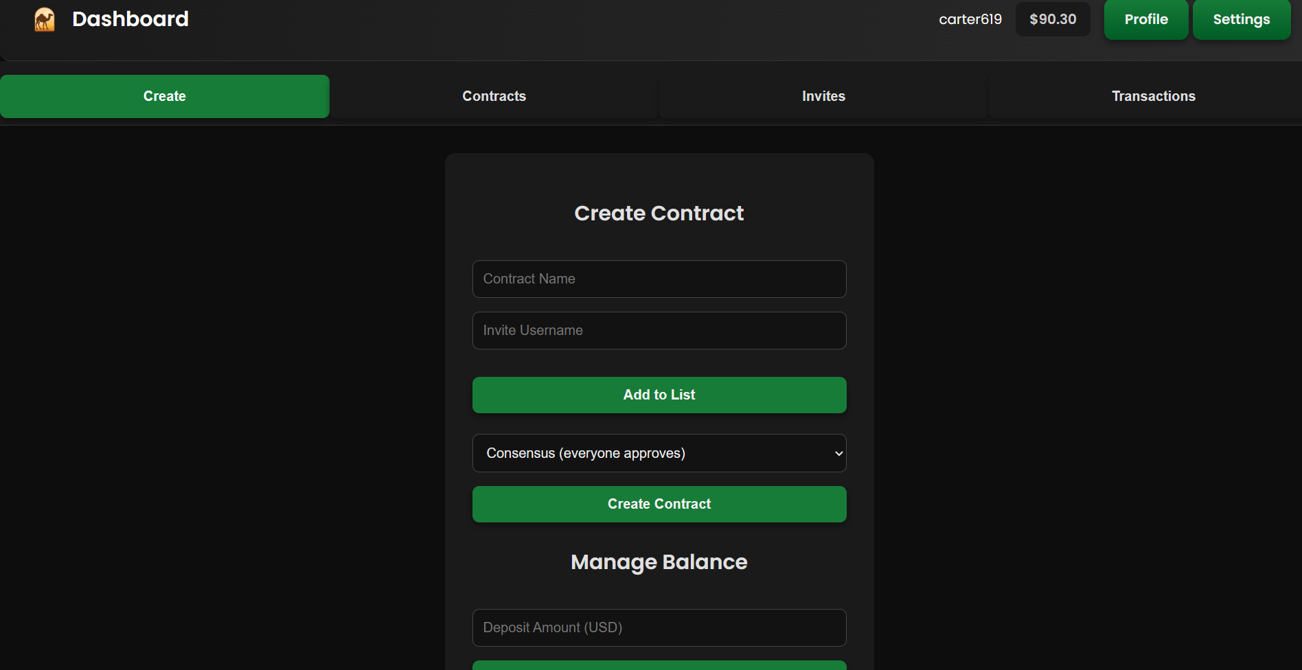 CashCamel contract creation page