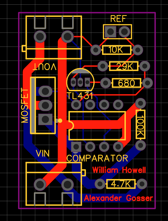 PCB layout with red top-layer traces and blue bottom-layer traces
